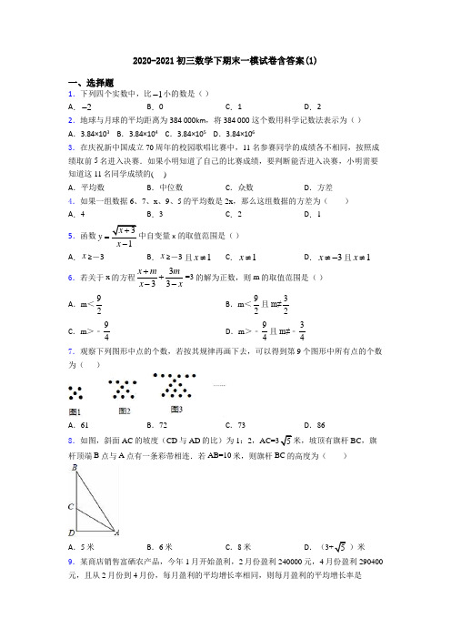 2020-2021初三数学下期末一模试卷含答案(1)