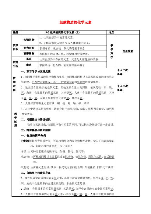 江苏省2019届九年级化学全册第三章物质构成的奥秘3.2组成物质的化学元素教案2新版沪教版119