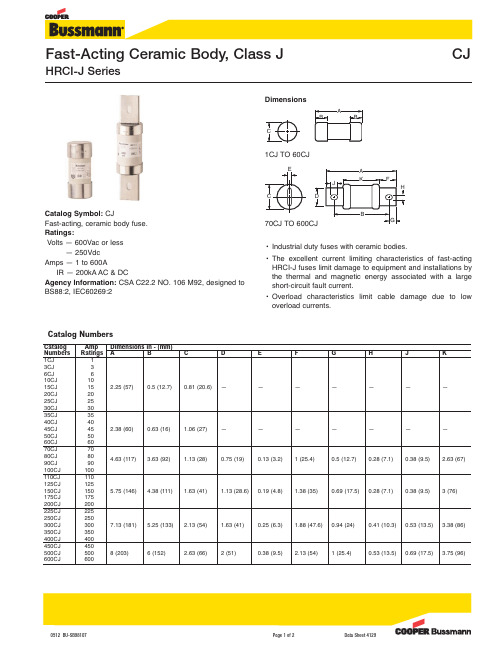 快速作用陶瓷体类JCJSeries熔断器说明说明书