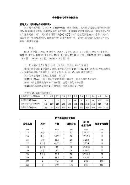 公称管子尺寸和公称直径  对照表