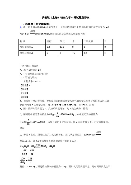 沪教版(上海)初三化学中考试题及答案