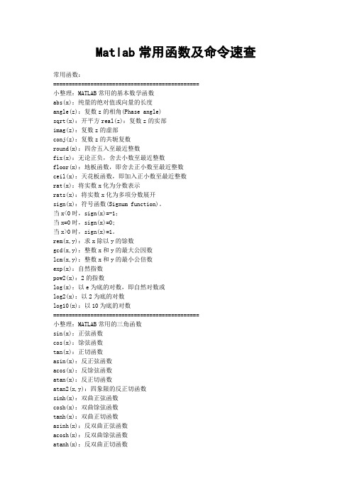 Matlab常用函数及命令速查