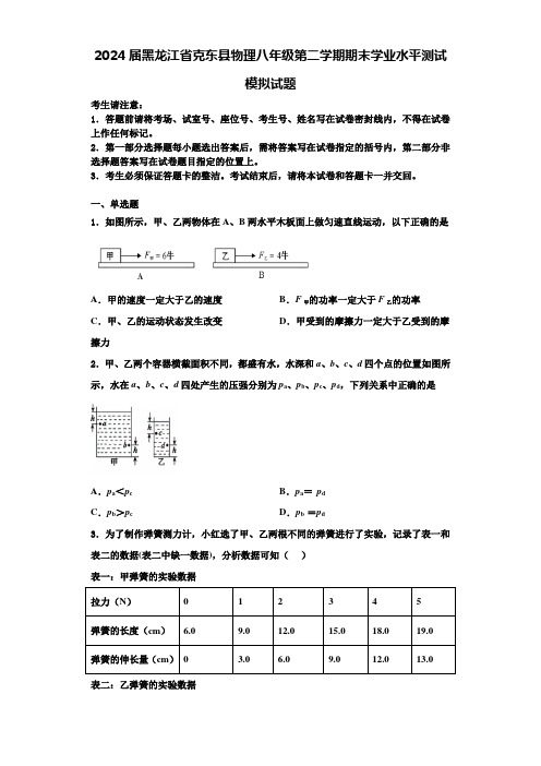 2024届黑龙江省克东县物理八年级第二学期期末学业水平测试模拟试题含解析