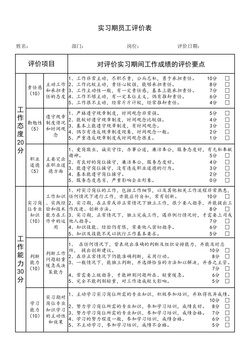 实习期员工业绩评价表