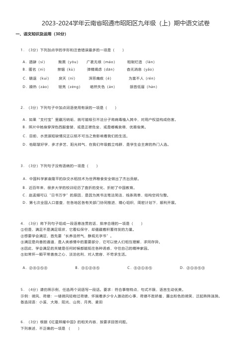 初中语文 2023-2024学年云南省昭通市昭阳区九年级(上)期中语文试卷