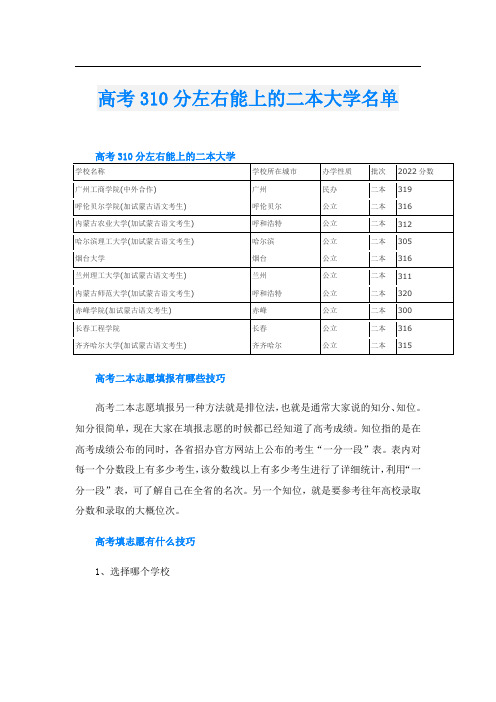 高考310分左右能上的二本大学名单