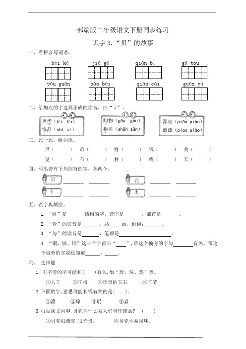 最新部编版二年级语文下册   3.“贝”的故事  同步练习题(有答案)