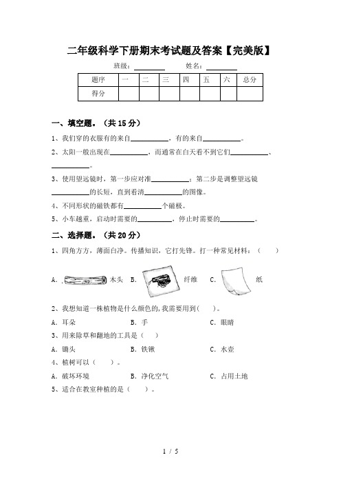 二年级科学下册期末考试题及答案【完美版】