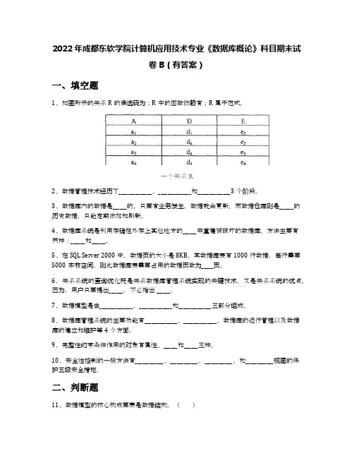 2022年成都东软学院计算机应用技术专业《数据库概论》科目期末试卷B(有答案)