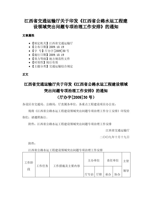 江西省交通运输厅关于印发《江西省公路水运工程建设领域突出问题专项治理工作安排》的通知