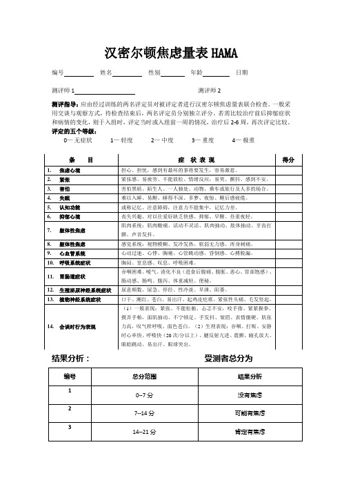 汉密尔顿焦虑量表HAMA(14项打印版)