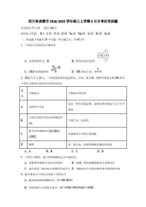 四川省成都市2024-2025学年高三上学期9月月考化学试题(含答案)