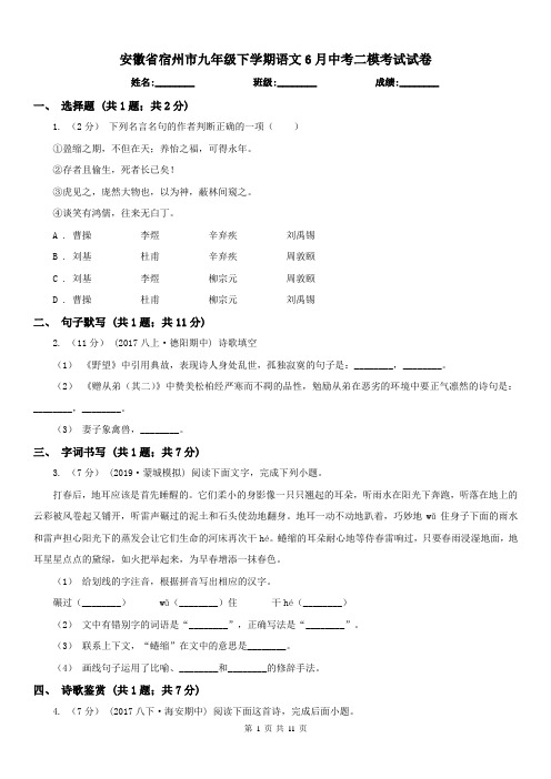 安徽省宿州市九年级下学期语文6月中考二模考试试卷