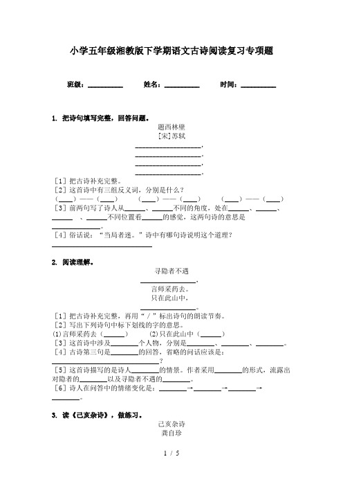 小学五年级湘教版下学期语文古诗阅读复习专项题