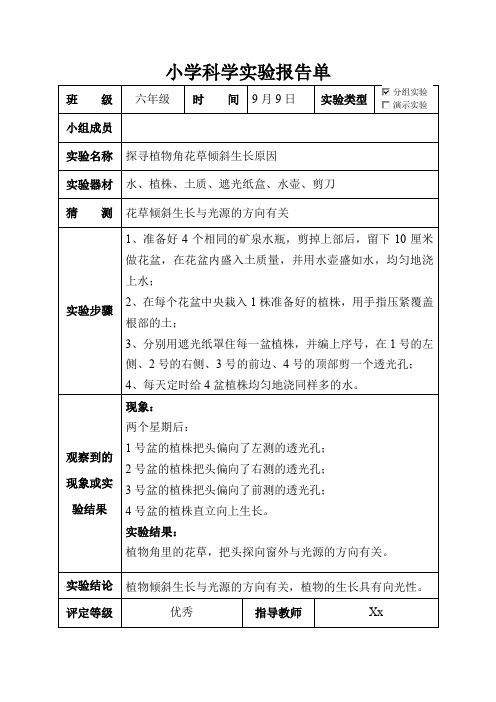 六年级科学上册实验报告单探寻植物角花草倾斜生长原因.doc