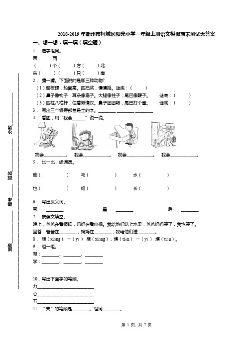 2018-2019年衢州市柯城区阳光小学一年级上册语文模拟期末测试无答案(1)