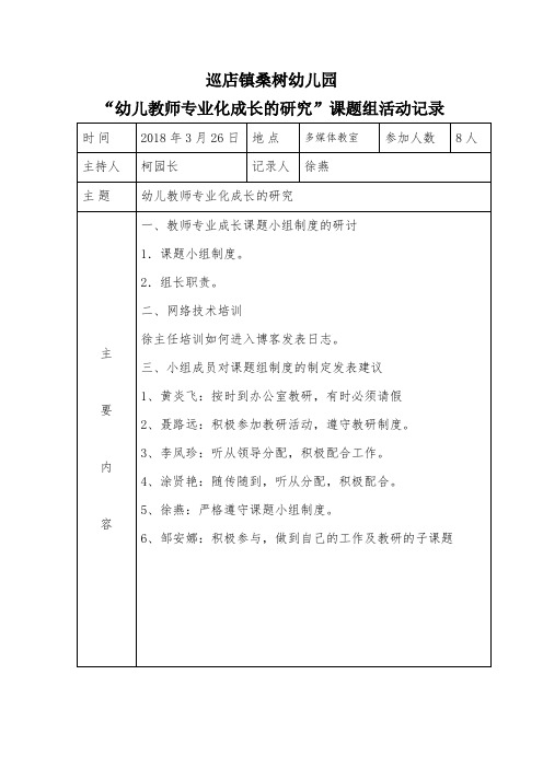 巡店镇桑树幼儿园“幼儿教师专业化成长的研究”课题组活动记录