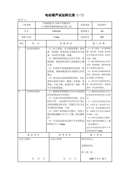 电动葫芦试运转记录