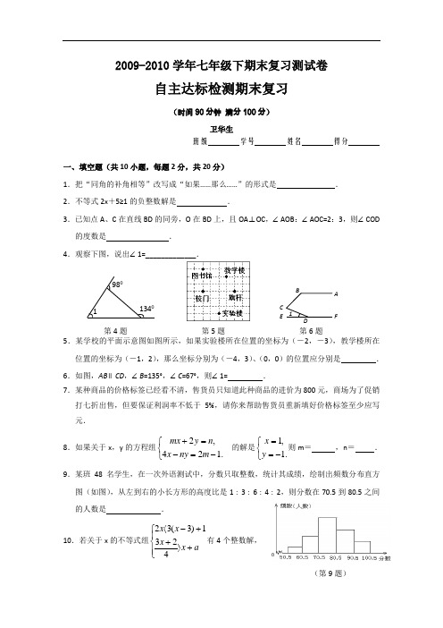 【初中数学】2009-2010学年七年级下期末复习测试卷 人教版