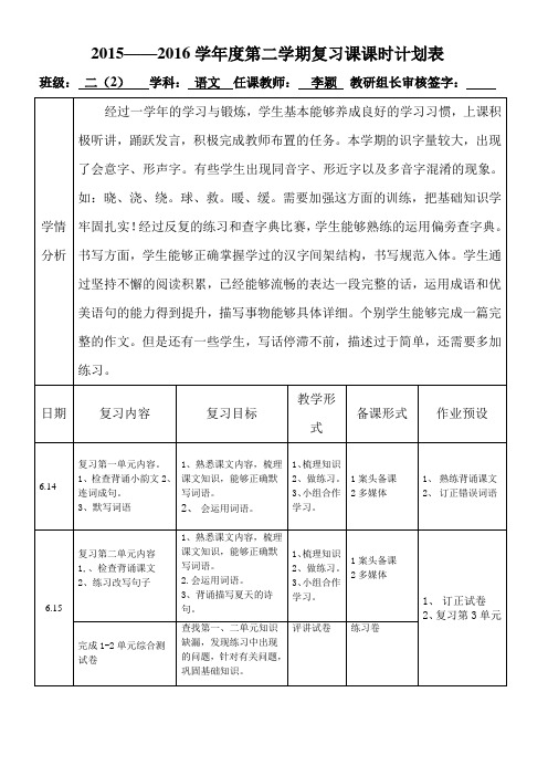 二(2)语文第二学期期末复习课时计划表