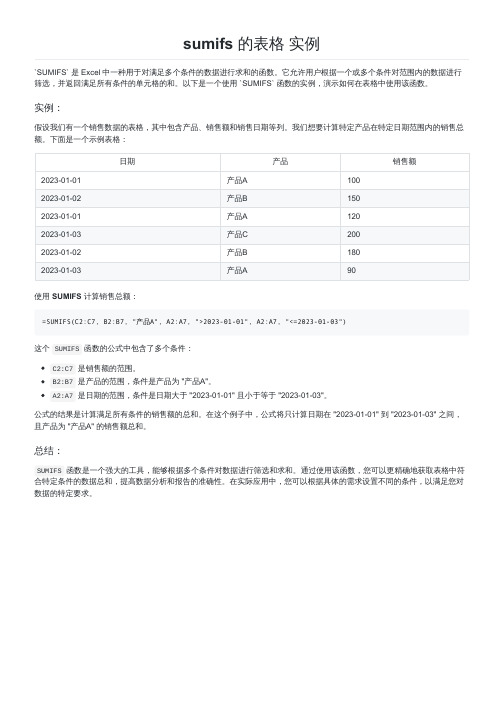 sumifs 的表格 实例