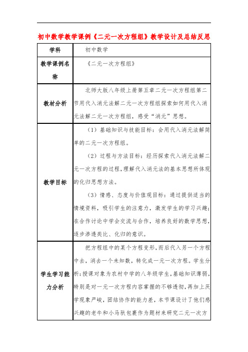 初中数学教学课例《二元一次方程组》教学设计及总结反思