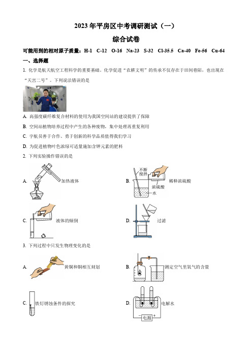 2023年黑龙江省哈尔滨市平房区中考调研测试(一)化学试题(原卷版)