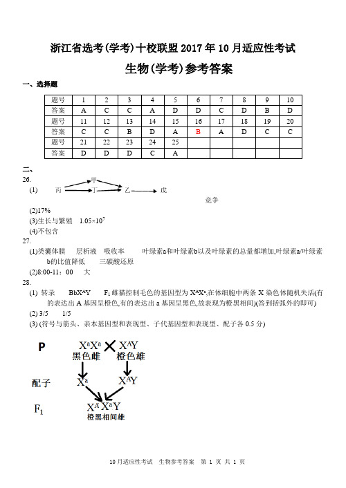 2017年10月浙江省选考(学考)十校联盟适应性考试高2018届高2015级高三联考生物试题生物(学考)答案