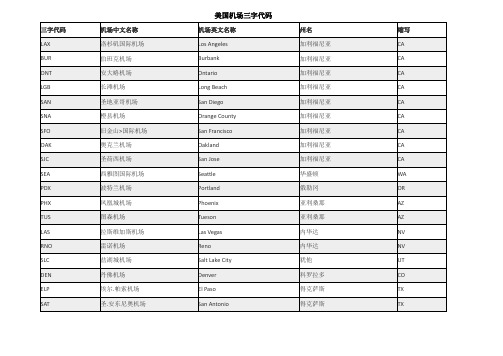 美国机场代码表格