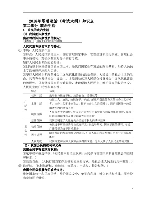 思想政治2018考试大纲必修二知识点