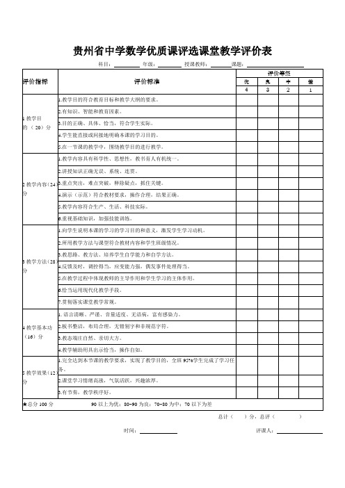 数学课堂教学评价标准