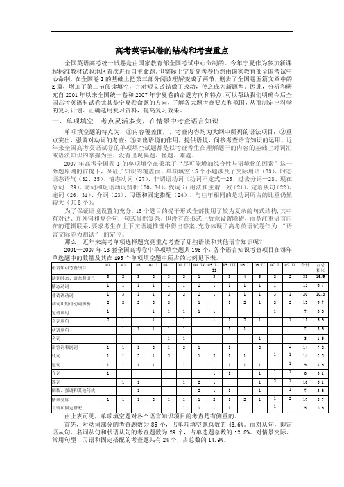 高考英语试卷的结构和考查重点