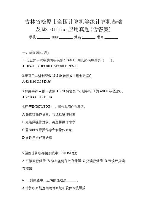 吉林省松原市全国计算机等级计算机基础及MS Office应用真题(含答案)