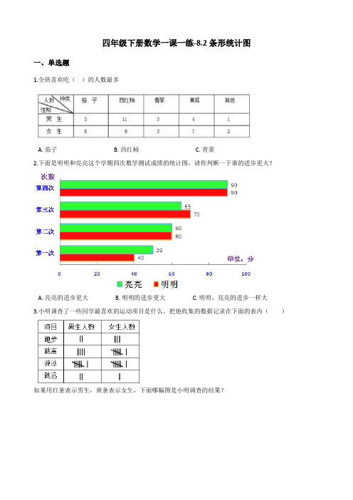 四年级下册数学一课一练-8.2条形统计图   西师大版(含答案)