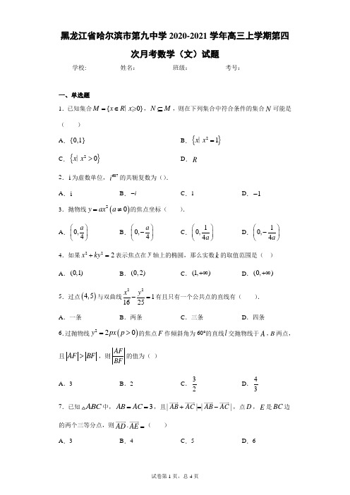 黑龙江省哈尔滨市第九中学2020-2021学年高三上学期第四次月考数学(文)试题及参考答案