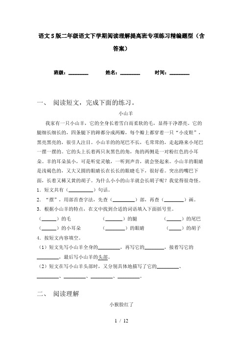 语文S版二年级语文下学期阅读理解提高班专项练习精编题型(含答案)