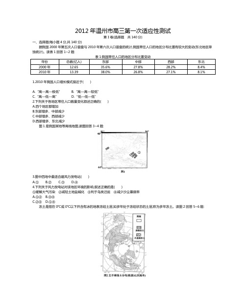 2012年温州市高三第一次适应性测试〓文科综合能力测试