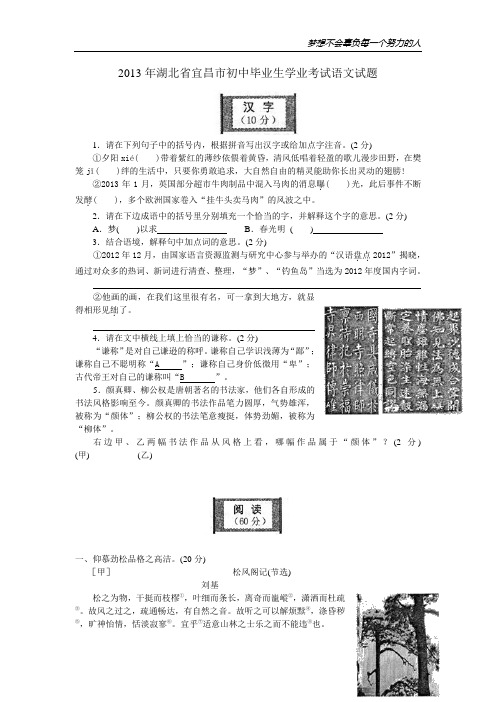 2013年湖北省宜昌市中考语文试题(WORD版,有答案)