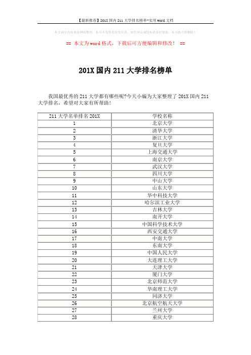 【最新推荐】201X国内211大学排名榜单-实用word文档 (4页)