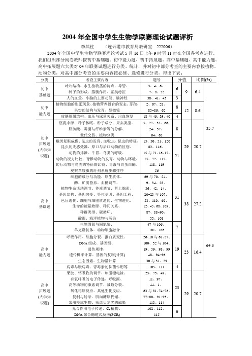 2004年全国中学生生物学联赛理论试题评析