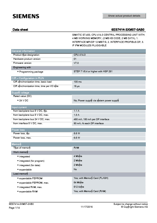 Siemens SIMATIC S7-400 CPU 414-3 产品说明书