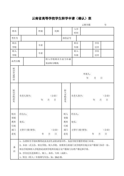 云南省高等学校学生转学申请(确认)表