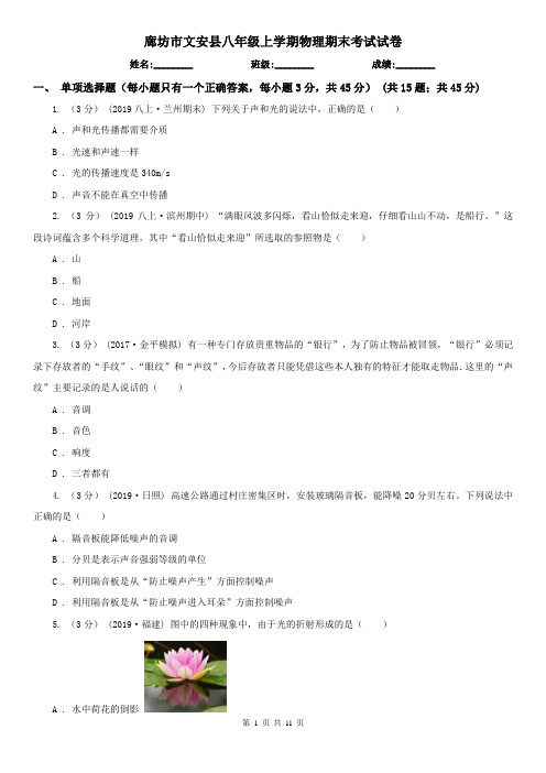 廊坊市文安县八年级上学期物理期末考试试卷