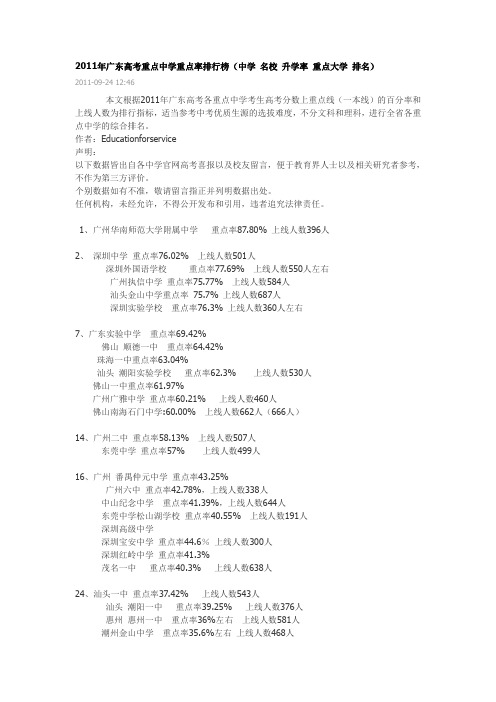 2011年广东高考重点中学重点率排行榜