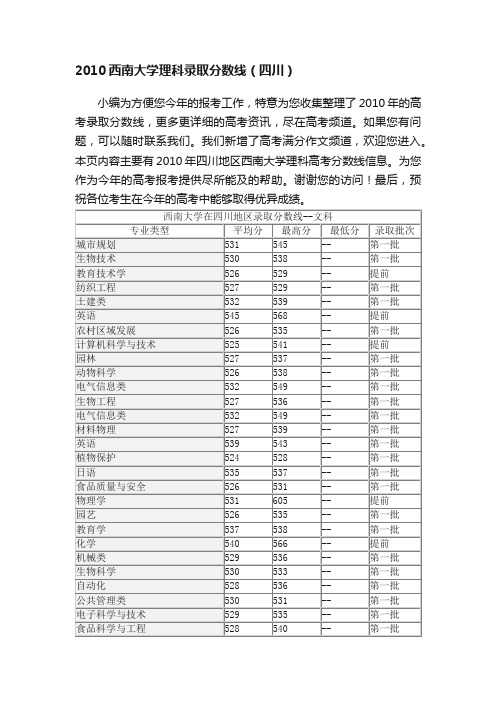 2010西南大学理科录取分数线（四川）