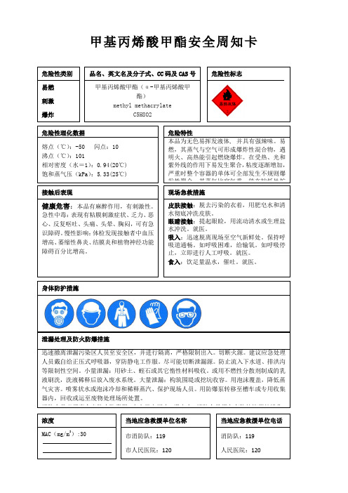 甲基丙烯酸甲酯安全周知卡、职业危害告知卡、理化特性表