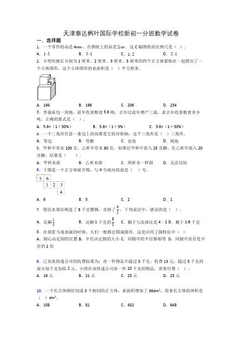 天津泰达枫叶国际学校新初一分班数学试卷