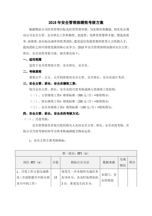 2018年安全管理部绩效考核方案