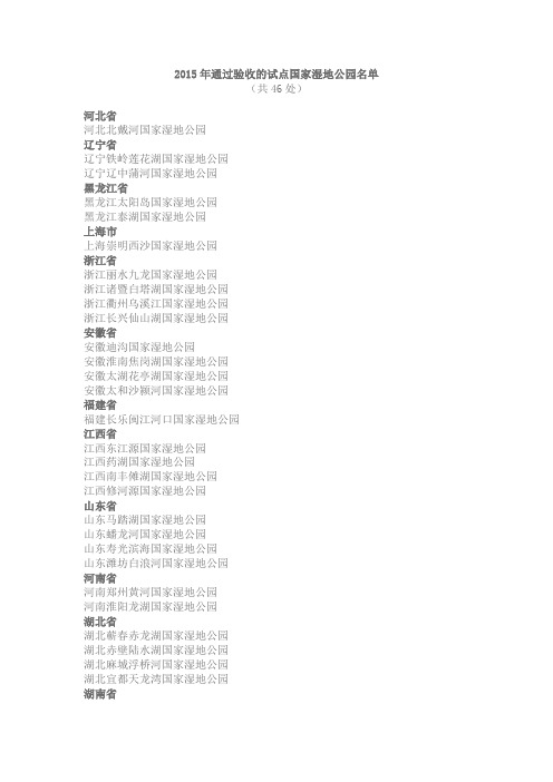 2015年试点国家湿地公园通过验收名单及通报