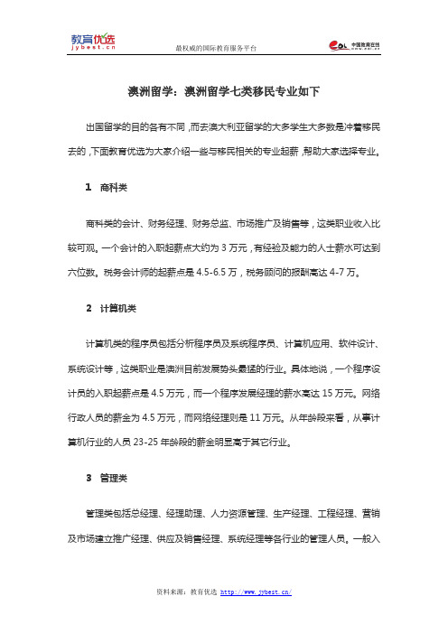 澳洲留学：澳洲留学七类移民专业如下